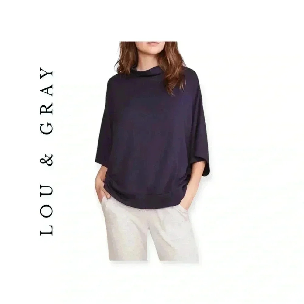 0422W. Lou&grey FOR LOFT PONCHO STYLE MOCK‎ NECKLINE TOP NAVY BLUE SIZE MEDIUM